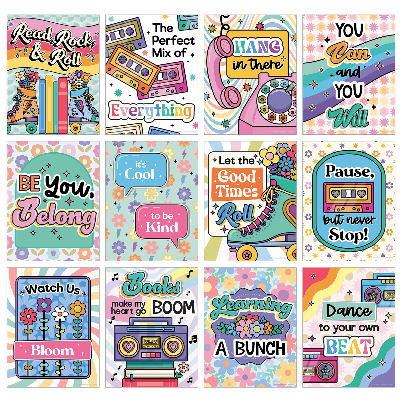 Happily Ever Elementary Retro Remix 12-Piece Motivational Posters, 70s and 80s Groovy, Inspirational Wall Art With Positive Affirmations for Classroom and Room Decor